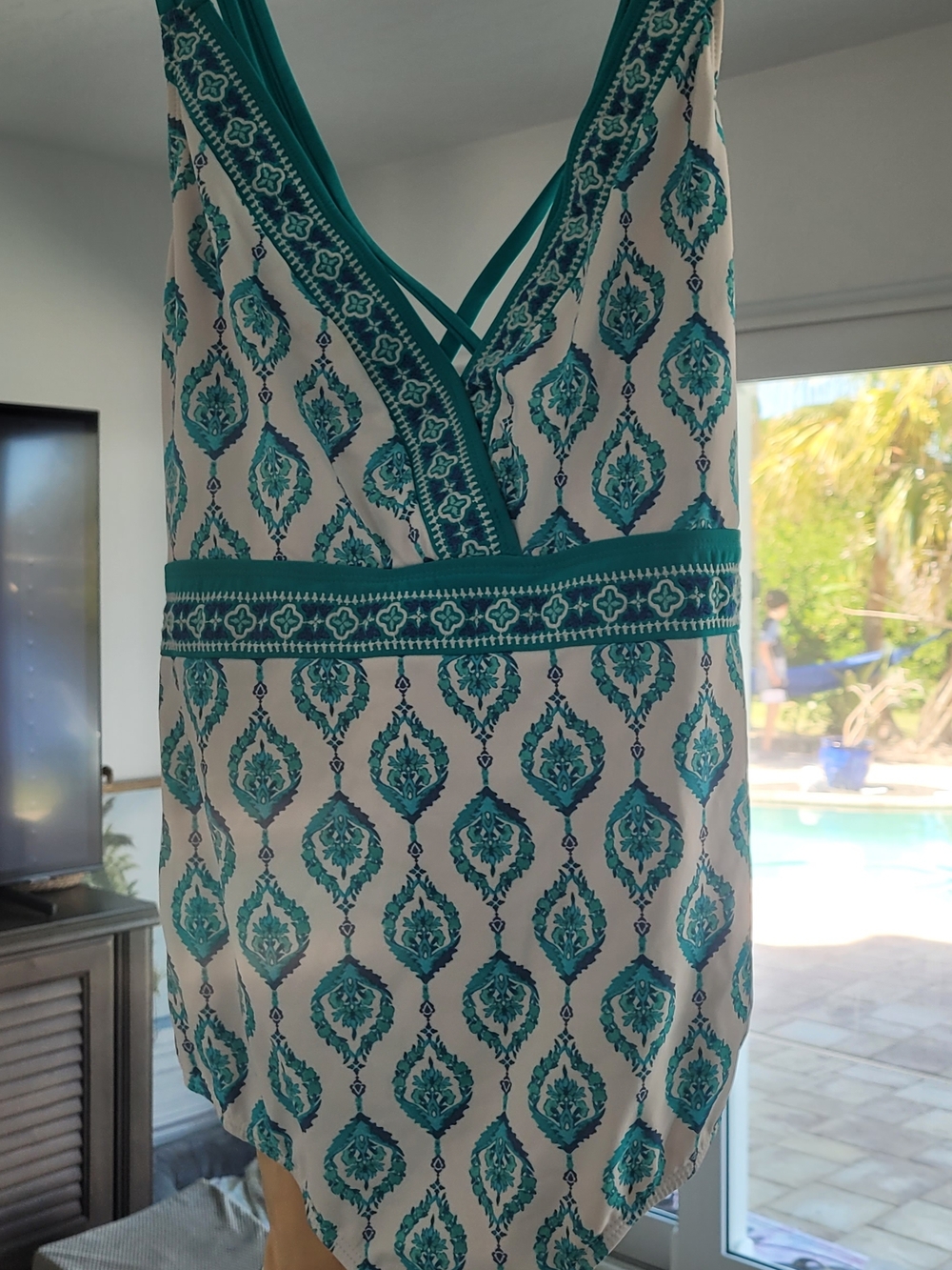 Cabana Life Turquoise and White Printed Sleeveless Top